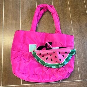 Ulta Beauty Puffy Quilted Pink Tote with Watermelon Design Belt Bag